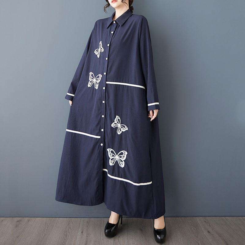 

Длинный рукав Плюс размер винтажная вышивка новые платья для женщин повседневный свободный весна осень платье-рубашка синий