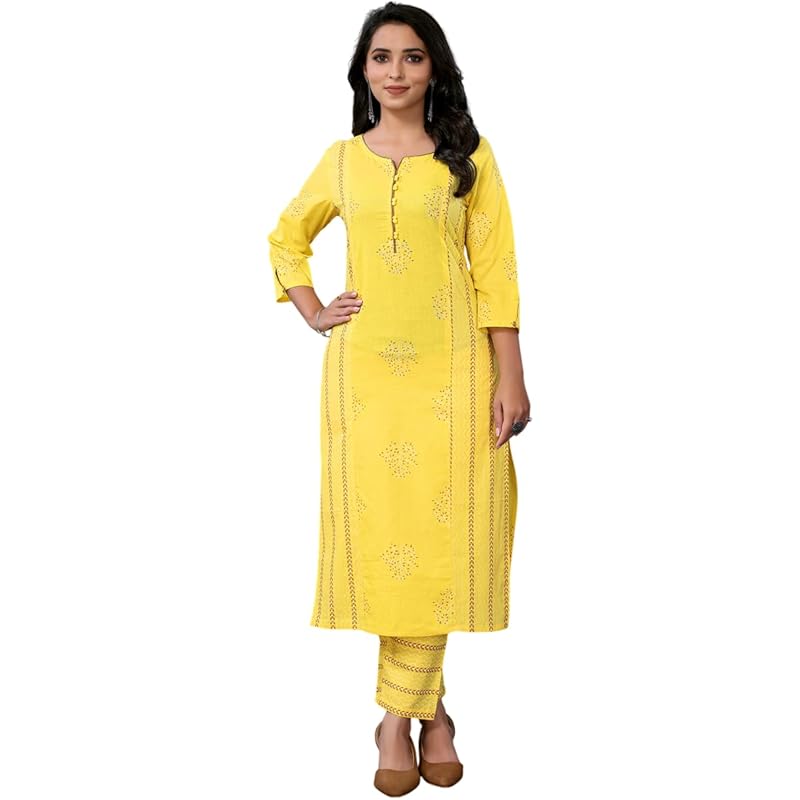 Rangita Yellow Cotton Printed Straight Kurta With Pant | Kurta Set For Women_XL