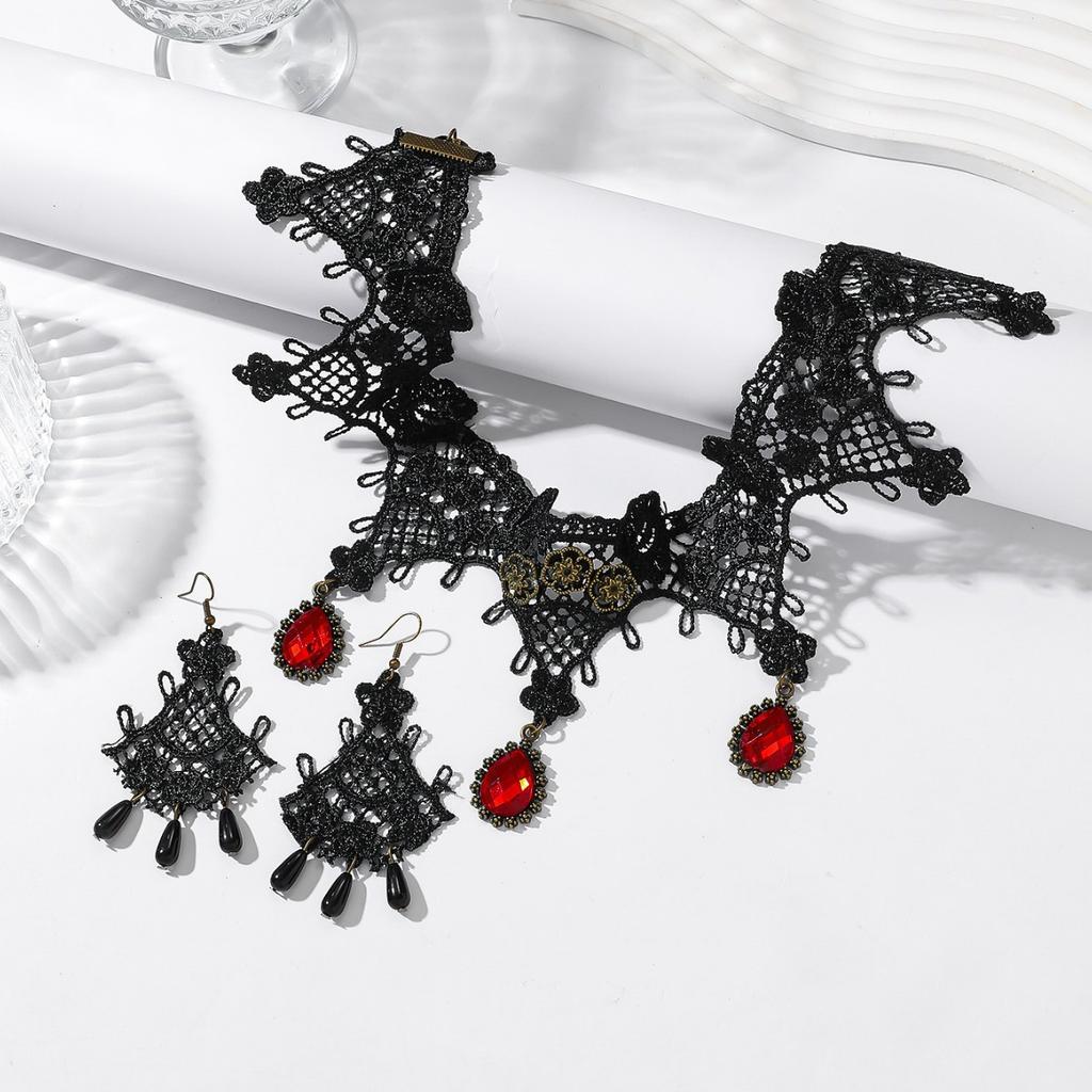 European and American dark style retro niche black lace necklace ruby necklace women's fringed earrings high-end set
