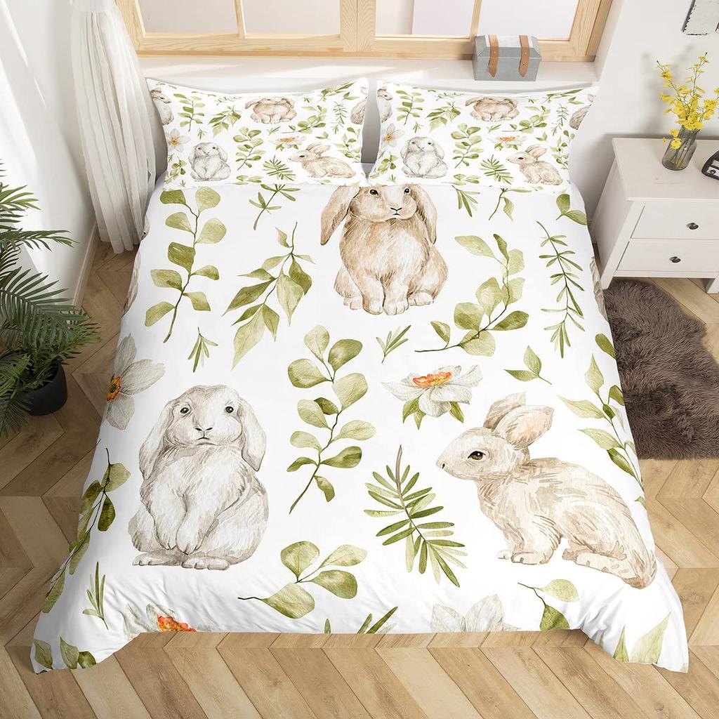 Pink Cherry Blossom Duvet Cover Happy Easter Theme Rabbit Ear Easter Eggs Bedding Set Polyester Butterfly Flower Comforter Cover