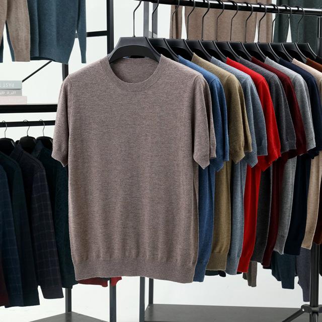 Men's High-Quality Short-Sleeved Knitted Wool Sweater for Spring/Summer