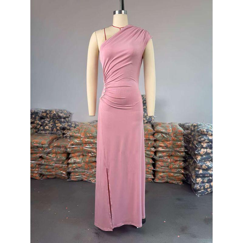 

European American Summer New Elegant Diagonal Collar Ruched Diamond-Embedded Waist Irregular Dress Slant Neck Dress Pink 2XL