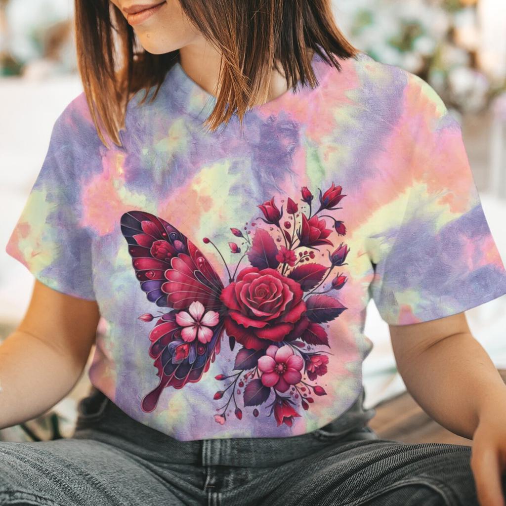 Floral Butterfly Fashion Clothes Summer Spring Flower Tee Ladies Cartoon Clothing Short Sleeve Graphic Women T-shirt Female Top