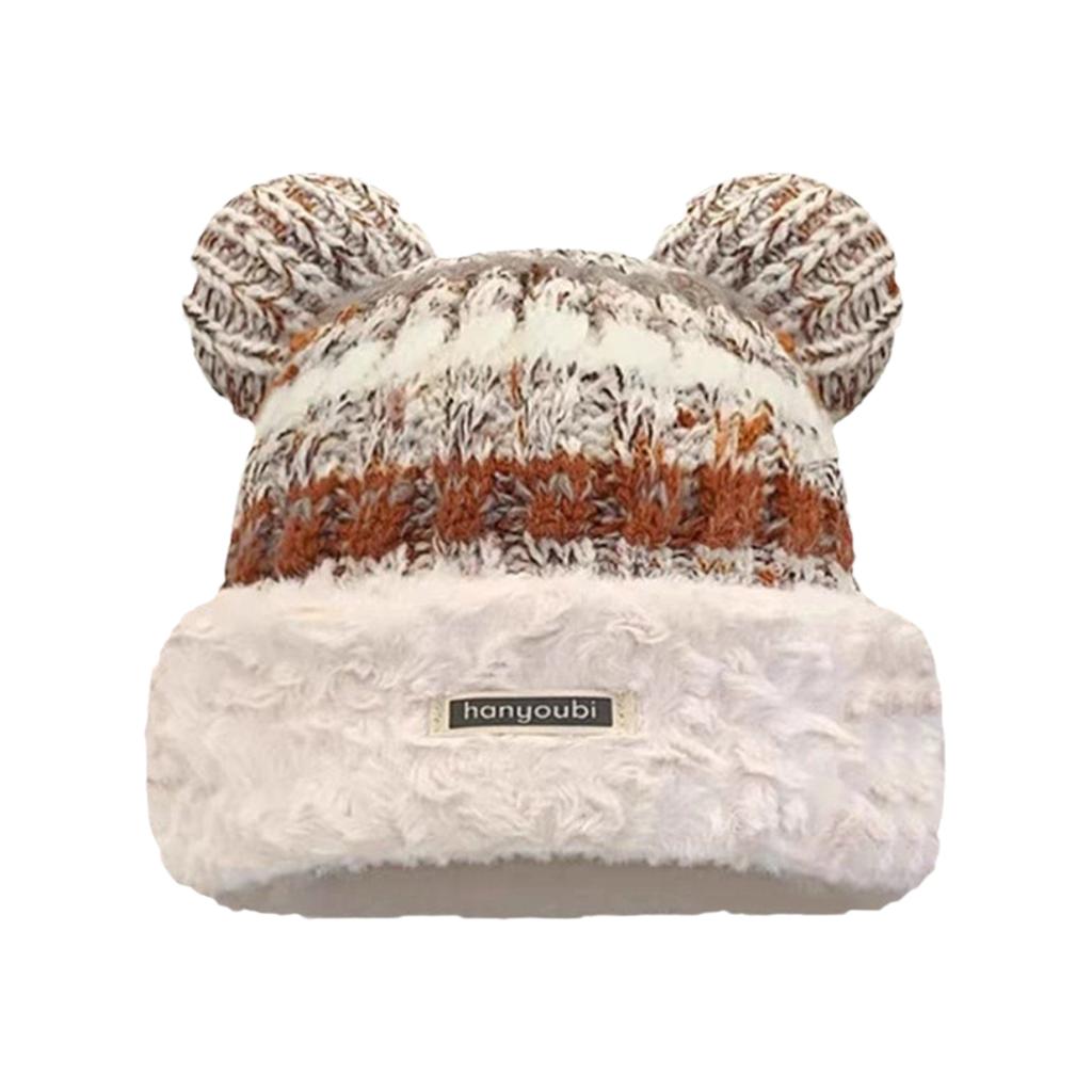 Knitted Beanie with Plush Bear Ear for Students Adult Windproof Winter Hat Striped Bear Ear Shape Keep Warm Cycling Hat