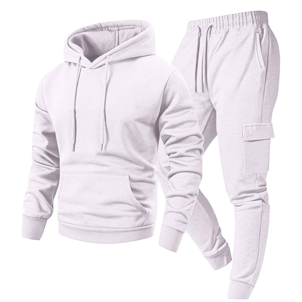 Men's Casual Outdoor Sports Two-Piece Set - Color Sweatshirt and Elastic Waist Cargo Jogger Pants