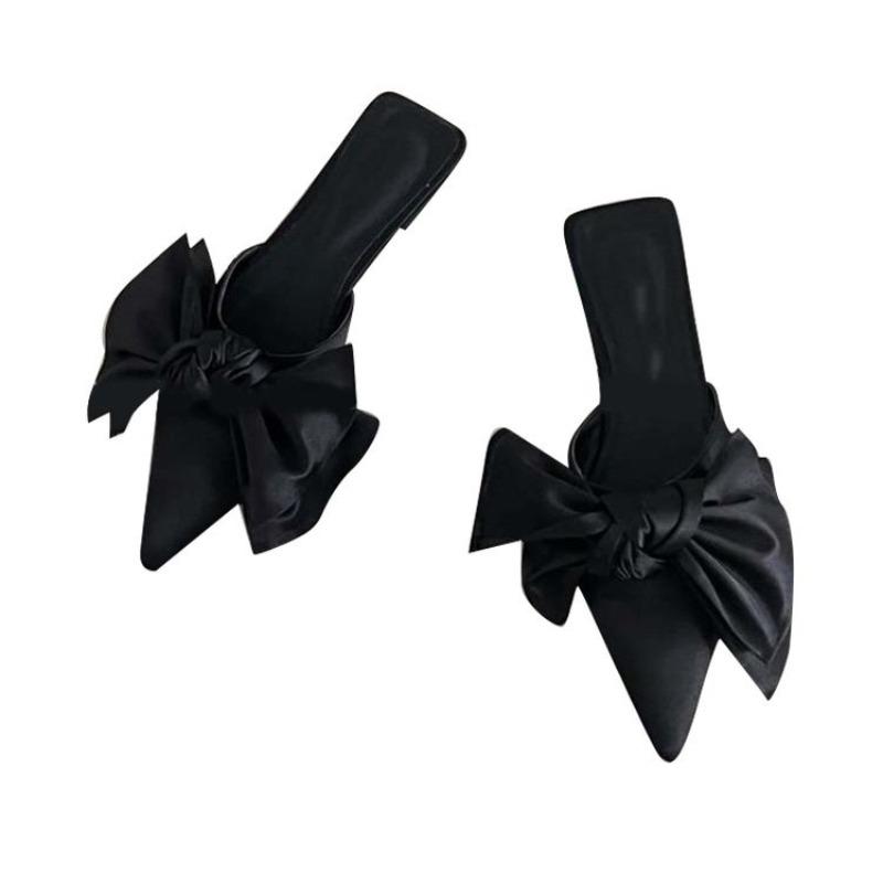 Fashion Oversize Bowtie Mule Shoes Women Fashion Pointed Toe Stripe Wave Slip-on Sandals Ladies Luxury Satin Silk Outdoor Flat Slippers