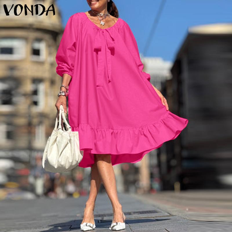 VONDA Women's Puff 3/4 Sleeve Sleeve Bow Knot Solid Color Loose Midi Dress