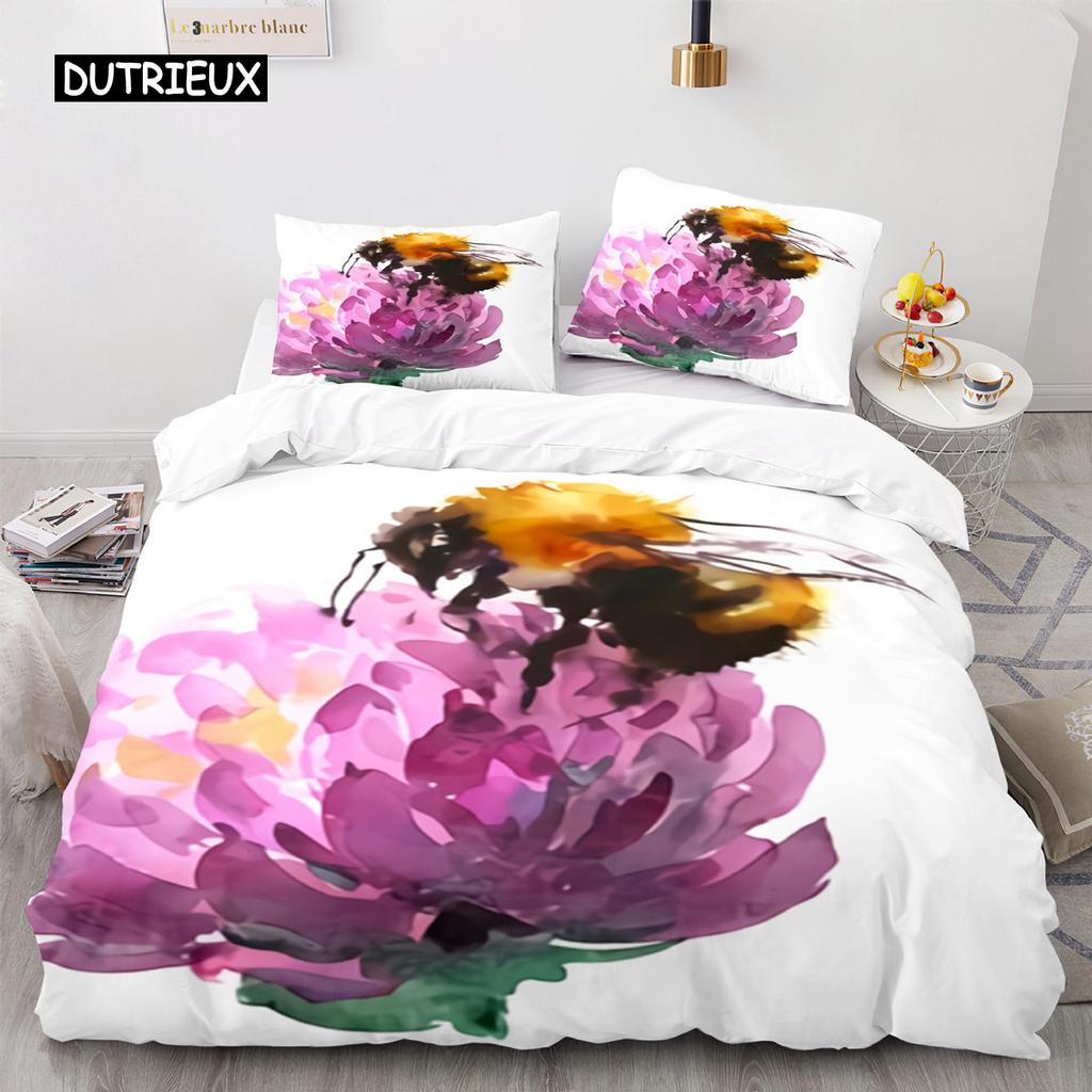 Bienen Bettbezug Set Queen Mikrofaser Floral Bettwäsche Set für Teenager Mädchen Frühling Frisches und Natürliches Thema 2/3 Teile Bettdeckenbezug