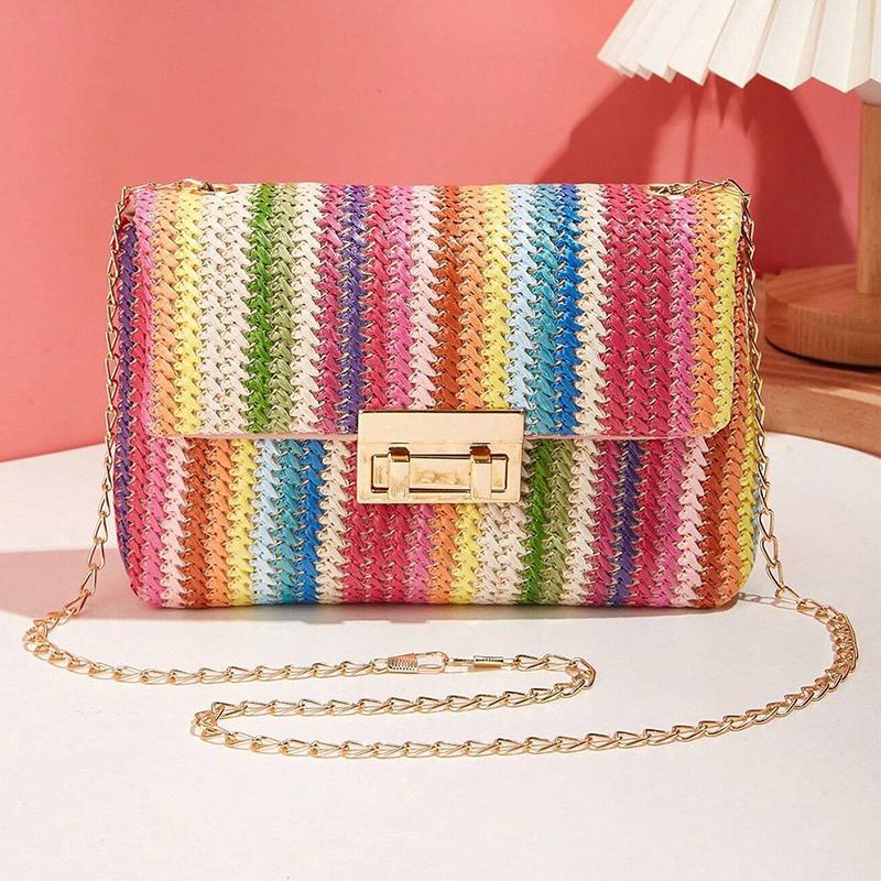 Buckle Closure Chain Crossbody Shoulder Bag Sweet Raffia Woven Women Sling Bag Solid Color Lightweight Beach Travel Purse