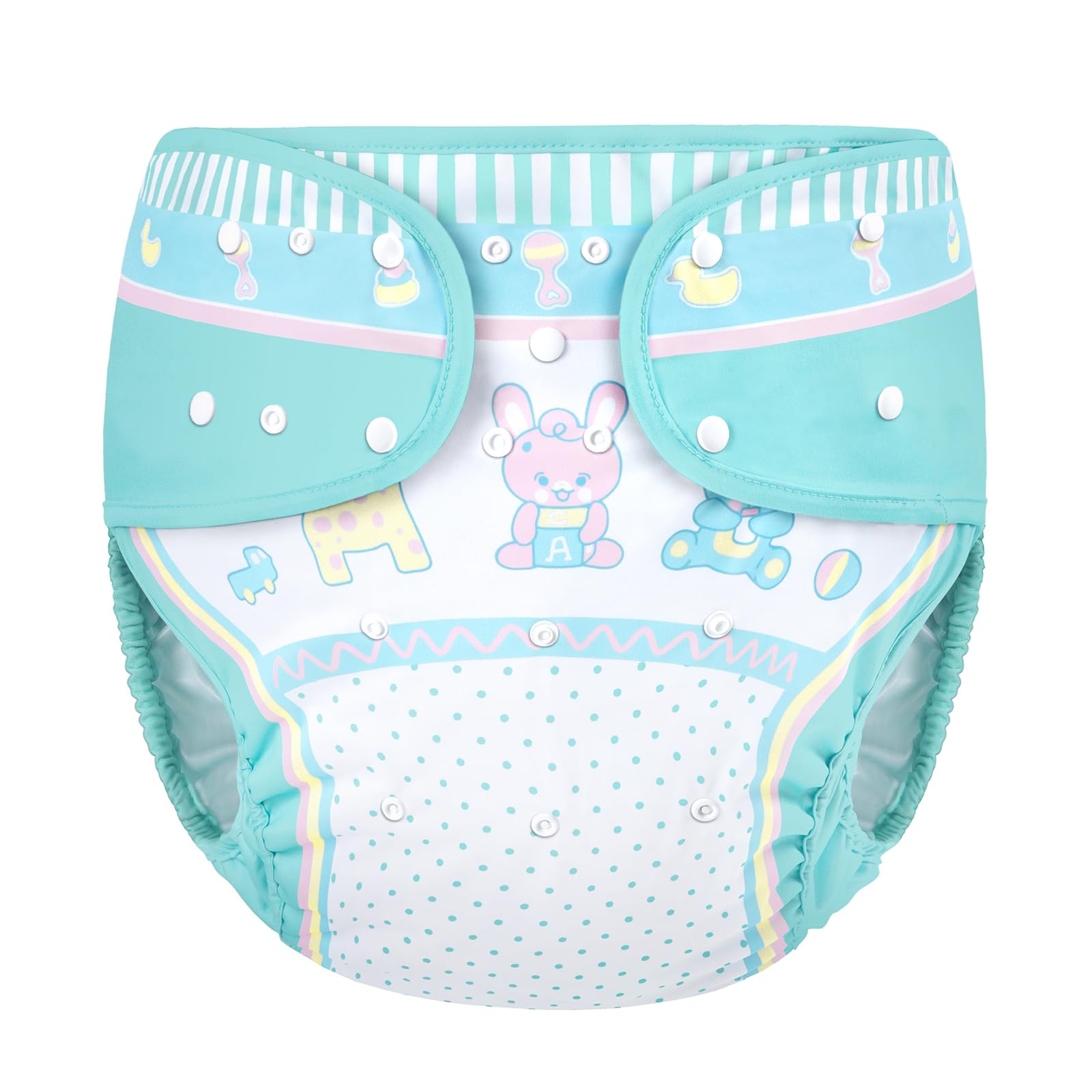 

LittleForBig Adult Cloth Diaper Cover, Cute Parade Babies Design, Adjustable Waist and Length, Snaps, Leak-Proof, Breathable, Washable, Small