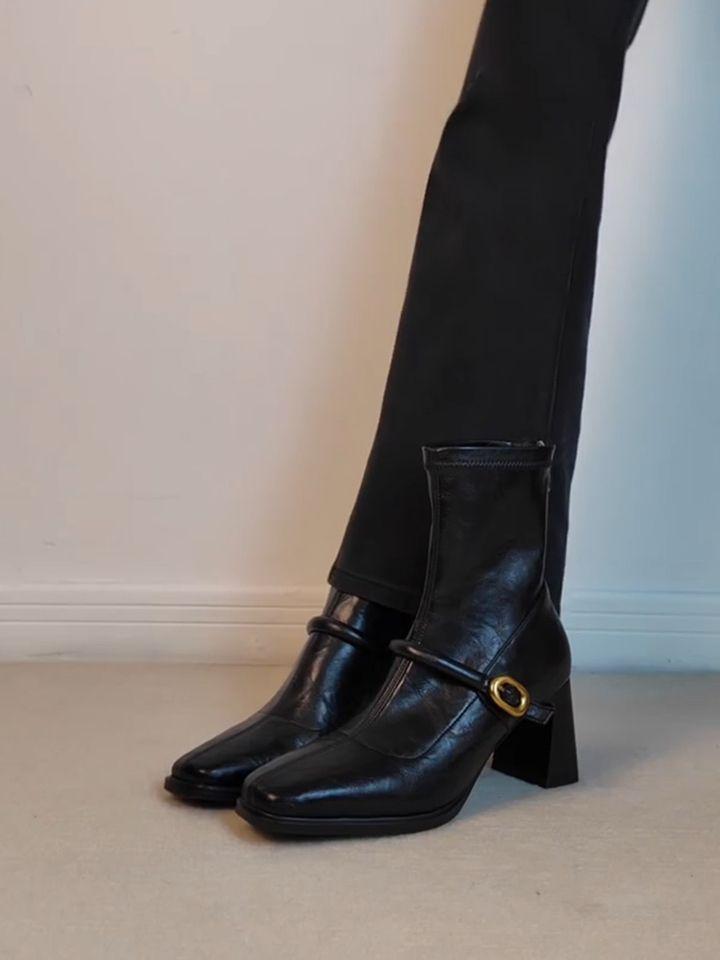 2025 new sweet and cool temperament thin square head high heel short boots women's design sense rear zipper elastic thin boots