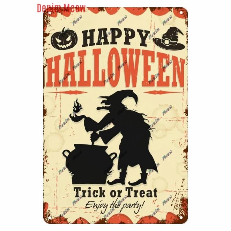 Vintage Witch Halloween Wall Art Poster, No Trespassing Metal Sign, Warning Tin Plates for Gift, Bar Party, Room Decoration WY68