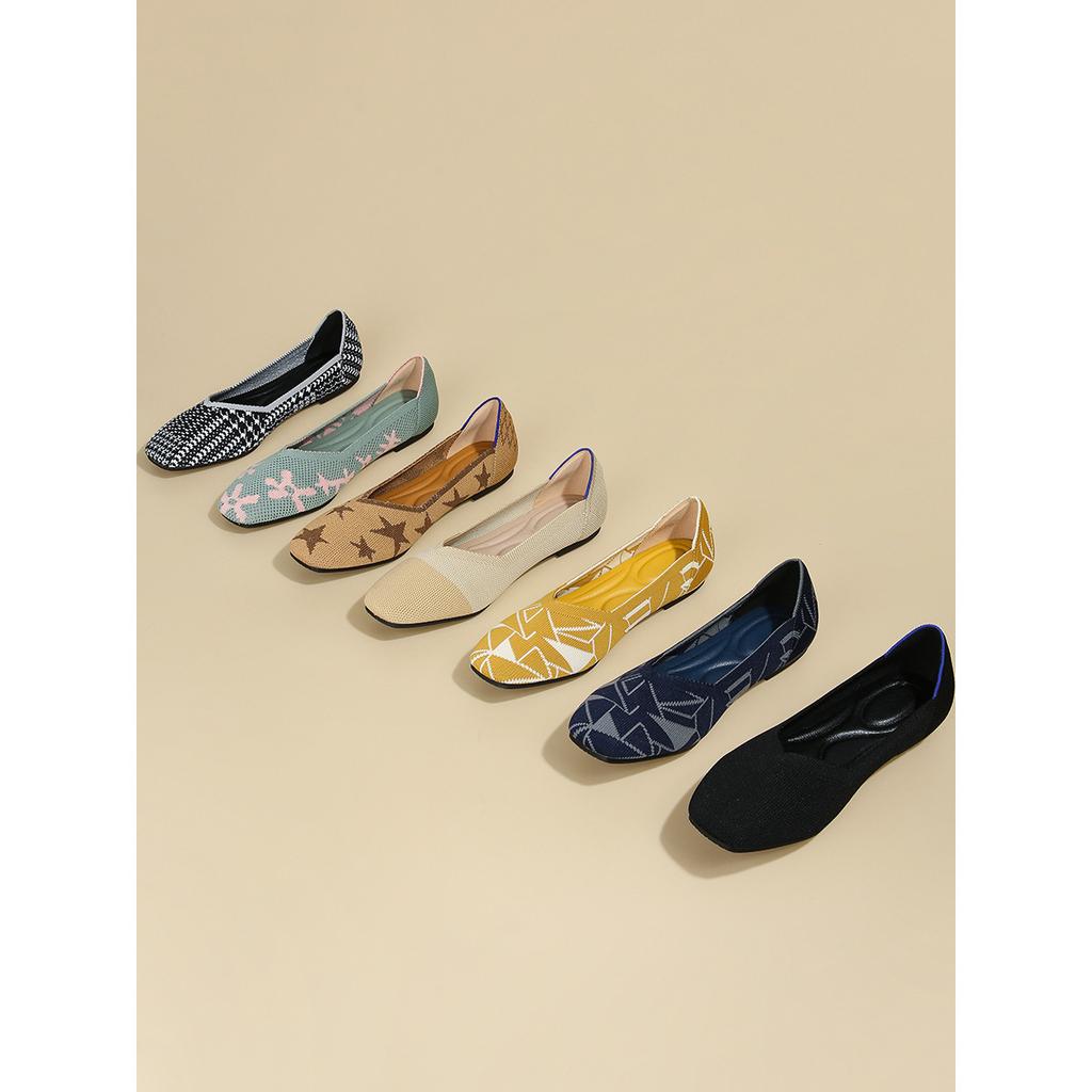 Shoes flying knitting pointed head large size single shoes women's shoes egg roll knitting flat bottom soft bottom breathable knitting spring and au