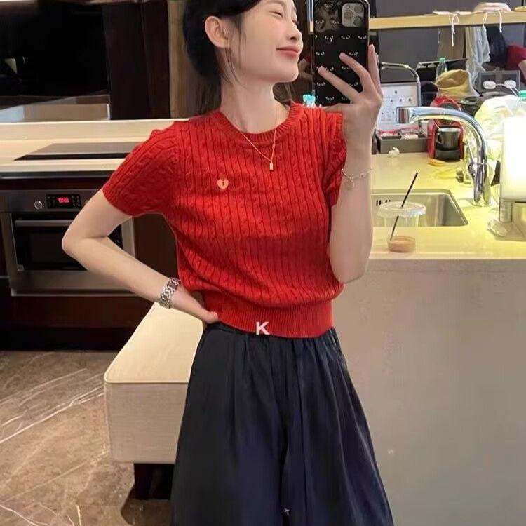2025 Ice Silk Embroidered Knit Short Sleeve Straight Shoulder Women's Petite Summer Top