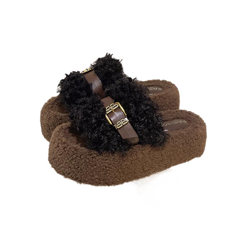 Internet Celebrity High-end Fluffy Slippers Women's Outer Wear 2025 New Popular Autumn and Winter Thick Bottom Heightening Lamb Plush Cotton Mop