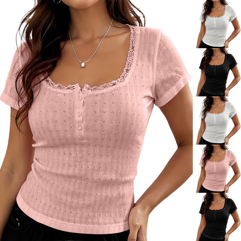 Dámský jednobarevný krajkový top s krátkým rukávem a třemi knoflíky