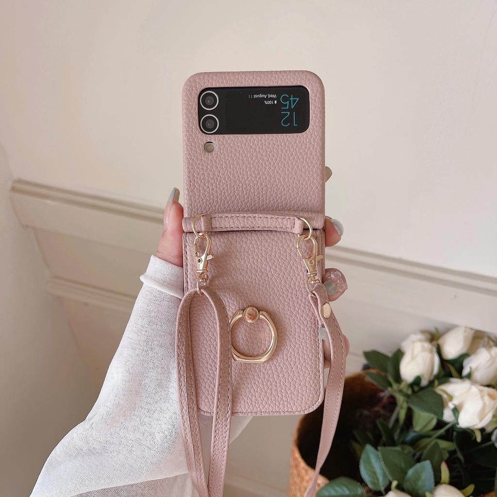 Applicable To Samsung ZFlip4 Folding Messenger Lychee Pattern Zflip3 Ring Mirror Card Bag Long Lanyard Protective Cover