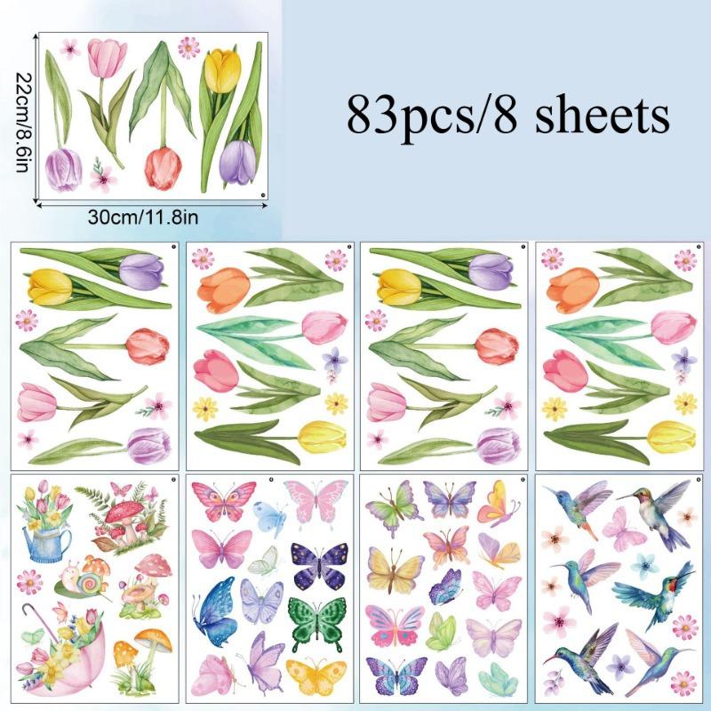 

83pcs/8 Sheets Spring Window Cling Decals - Butterfly, Flower & Hummingbird Designs,Static Stickers for Home & Living Room Decor