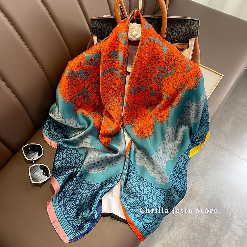 Big Size 110cm Square Floral Printed Women Fashion Imitated Silk Scarf Foulard 45inch Muslim Hijab