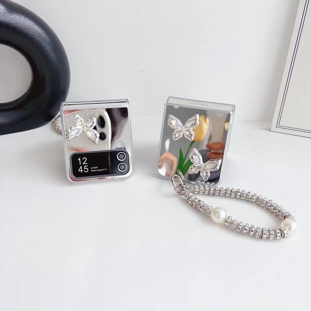 Fashion Butterfly Mirror Folding Phone Case With Bracelet For Samsung All-inclusive Girl Cartoon Phone Case