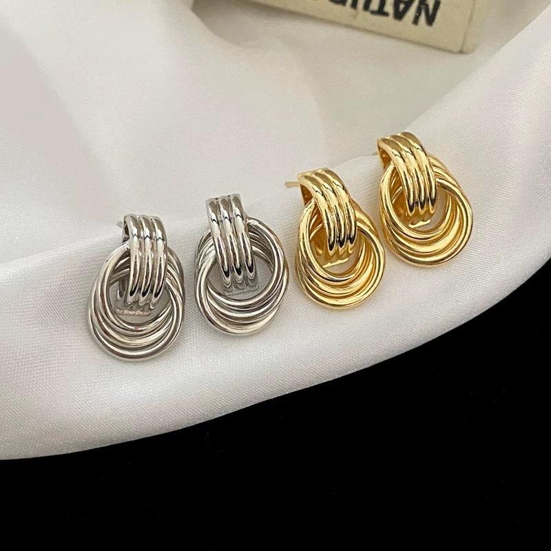 S Silver Needle Design Sense Multi-layer Metal Ring Stud Earrings Femininity New Light Luxury Versatile Earrings Hong Kong Style Earrings