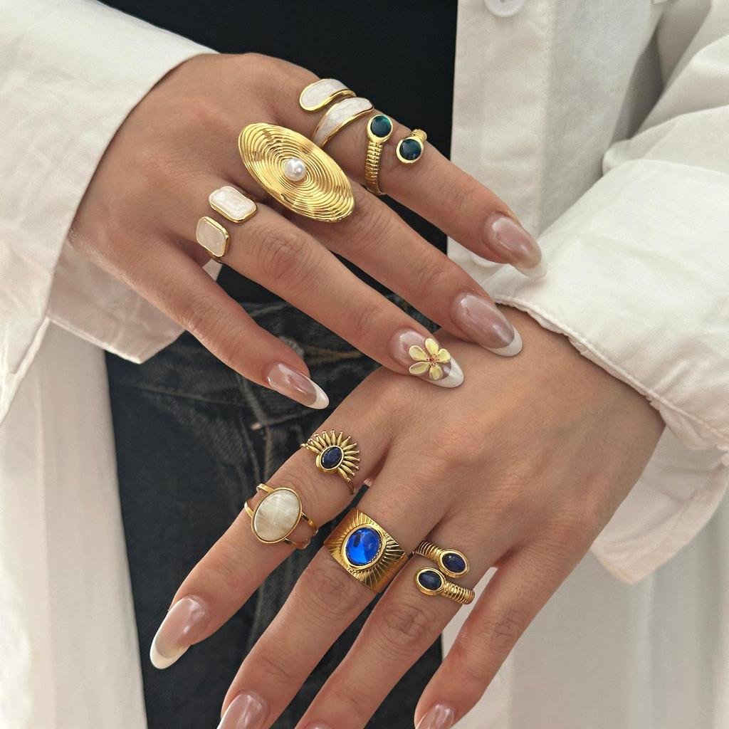 Vintage Ethnic Stainless Steel Gemstone Open Ring For Women Punk Personality Stackable Finger Jewelry Hand Accessories