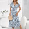Robe d'été Bohème Col en V Imprimée Manches Courtes Plage Vacances Femme Une Pièce