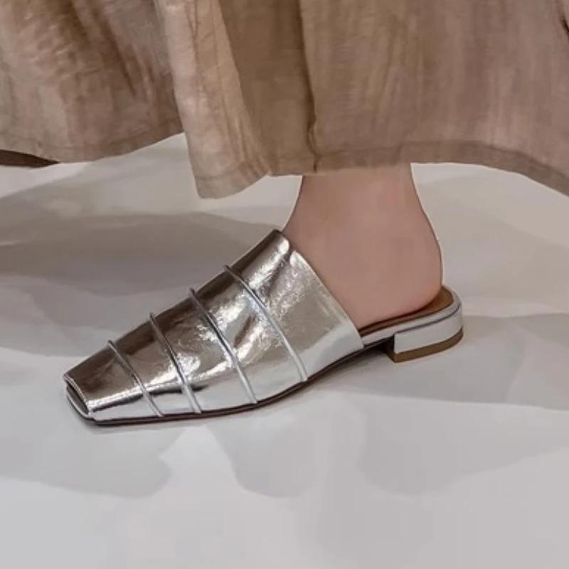 Women Slippers Flats Square Toe Sandals Woman Mules Casual Shoes 2025 Summer New Trend Dress Flip Flops Slides Zapatos De Mujer