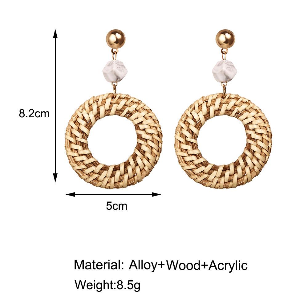 Women Men Retro Style Round Weave Wooden Earrings Beige Eardrop