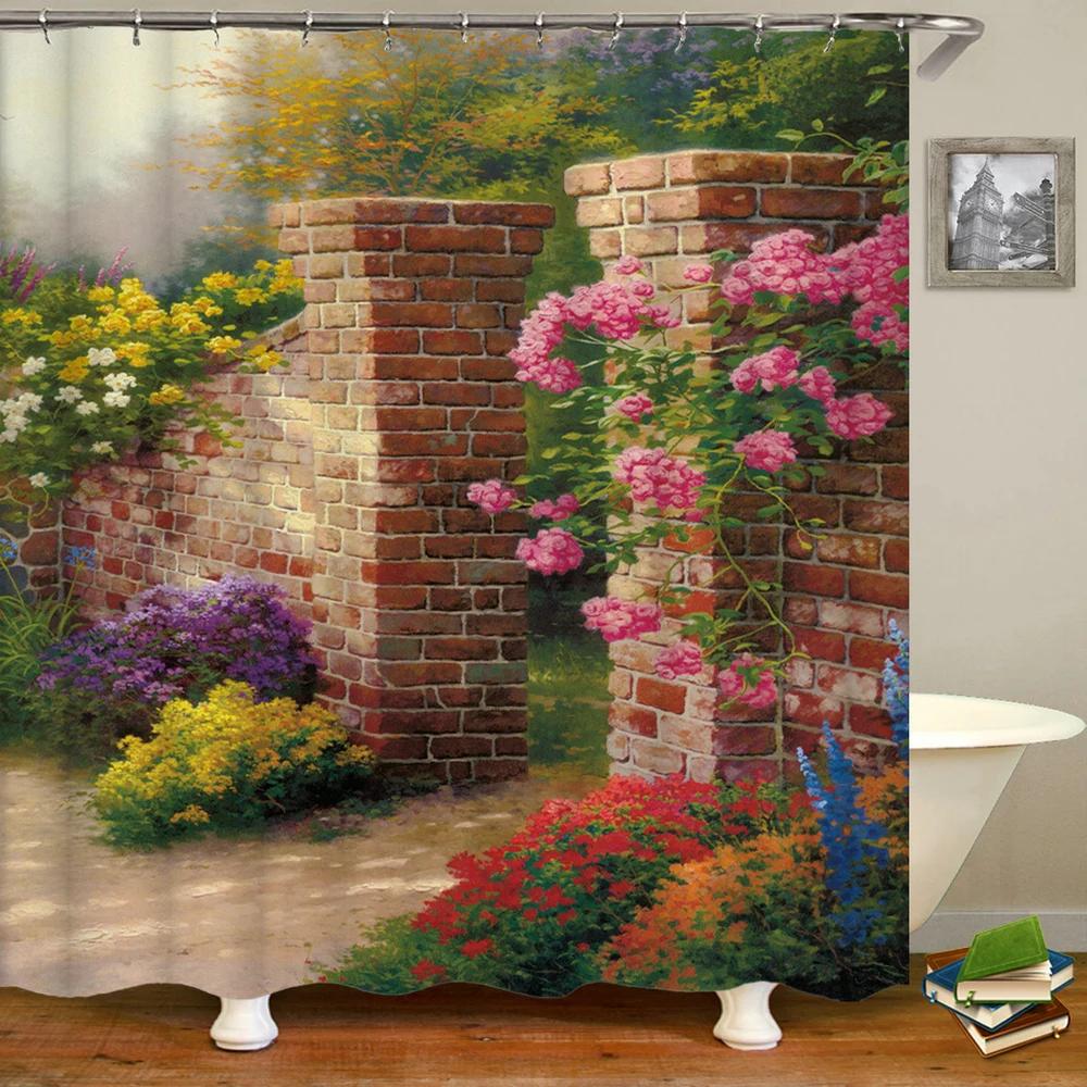 Town Street Scenery Shower Curtains Home Decor Polyester Fabric Bathroom Shower Curtains Oil Painting Waterproof Bath Curtains