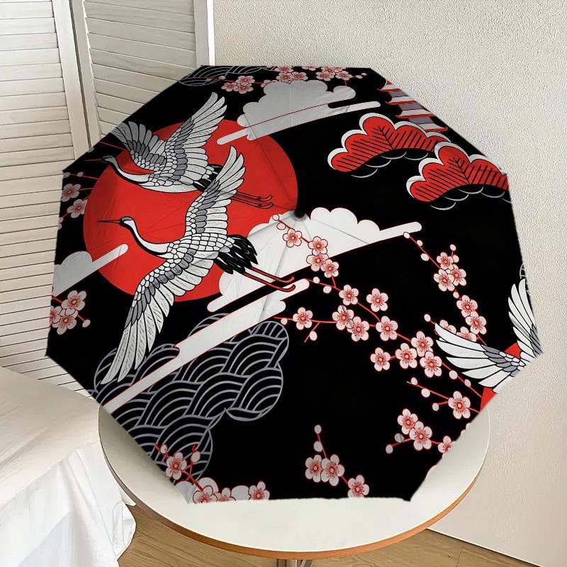 1pc Japanese Cranes Automatic Folding Umbrella, Heavy Duty 8 Rib Iron Frame, Suitable for Travel, Daily Use, Birthday, Decor Gift m0104014