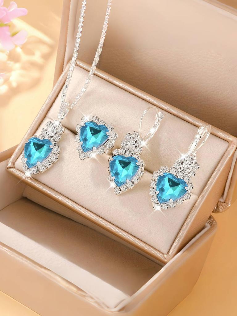 4 st Zirkon Set för Kvinnor, Mode Casual Dam Armband med Hjärtdesign, Halsband, Örhängen, Zirkon Set, Lämpligt för Dagligt Bruk,