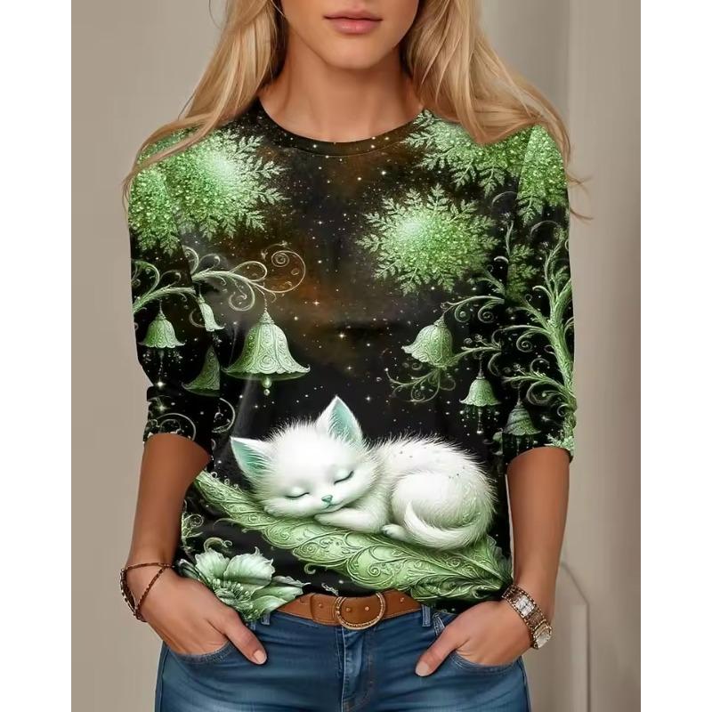 Women's T-shirt 3D Bell Kitten Print Fashion Long Sleeve Round Neck Regular Top Holiday Weekend Spring and Autumn