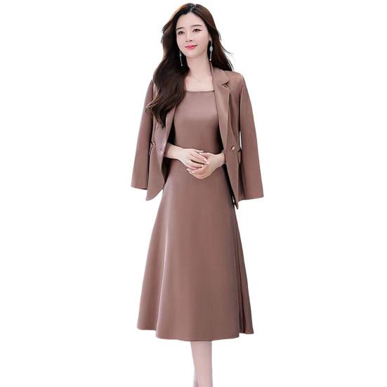 2Pcs/Set Women Outfit Commute Trendy Comfortable Mid-length Light Luxury Streetwear Sling Spring Coat Dress Spring Clothing