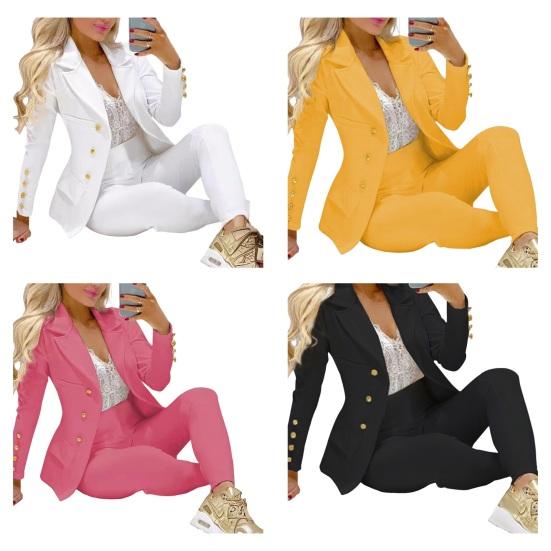 2 Pcs/Set Women Suit Coat Pants Set Lapel Button Decor Mid Length Cardigan