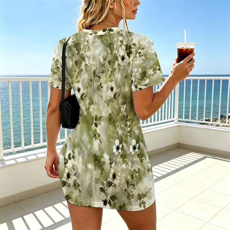 Short Sleeve Floral V-Neck Bodycon Dress, Soft Fabric, Sweet Cool Style – Perfect for Beach Vacation, Daily Casual, Afternoon Tea, Versatile Chic.