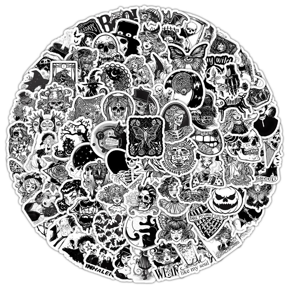 100Pcs Black And White Gothic Waterproof Graffiti Stickers For Helmet Bicycle Hand Account Pencil Case Decal Sticker Story Store