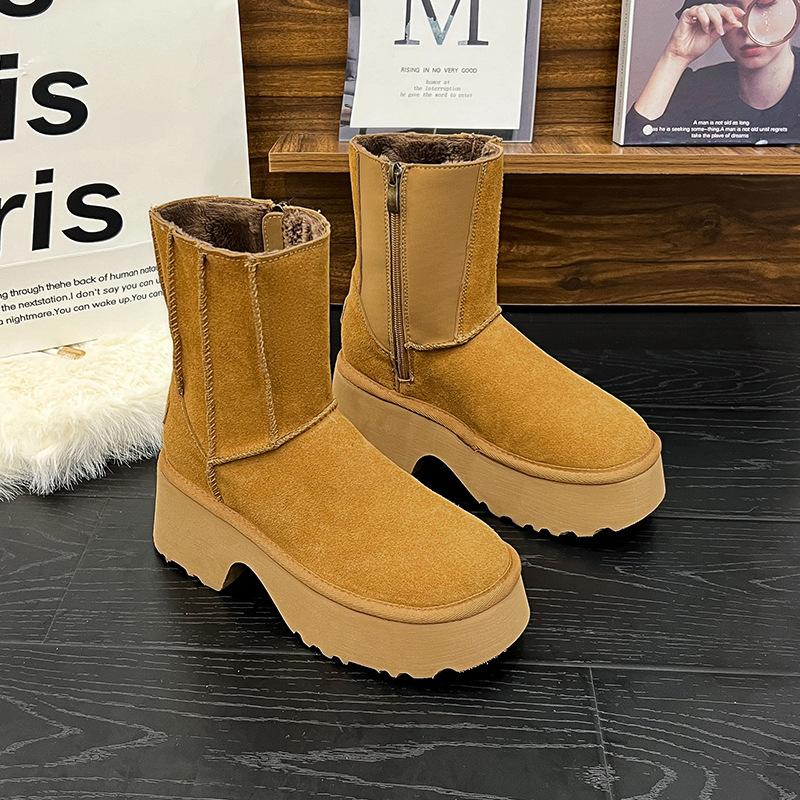 

Wool integrated~ thick-soled non-slip snow boots women s new winter side zipper velvet cotton boots large size -4 35 коричневый