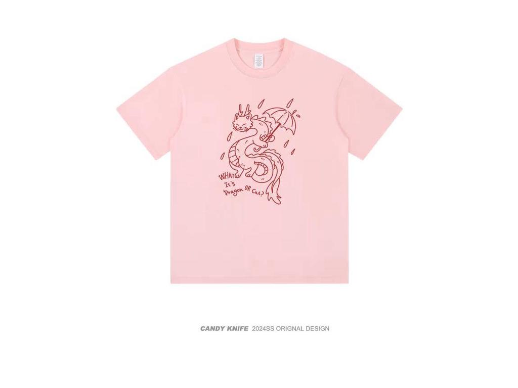 American Dragon Cartoon Print Crew Neck T-Shirt, Unisex Loose Fit Half Sleeve