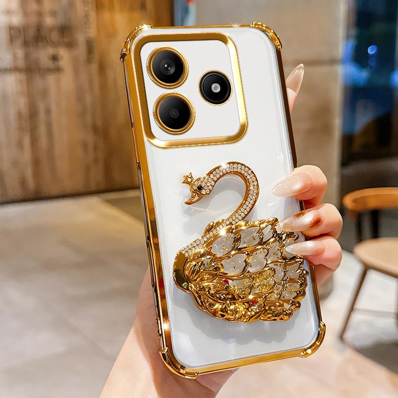 KEYSION Shockproof Plating TPU Phone Case for Remdi Note 14 4G 5G Glitter Jewelled Swan Kickstand Cover for Redmi Note 14