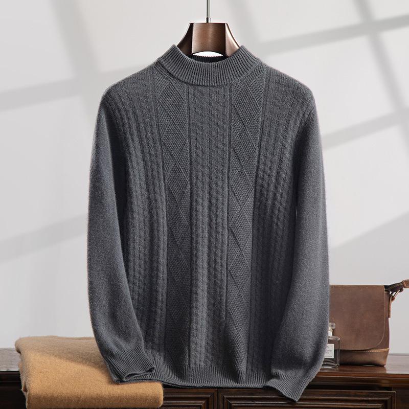 Men's Cashmere Cable Knit Sweater - Autumn/Winter 2025, Loose Fit, Semi-High Neck, Gentle Style