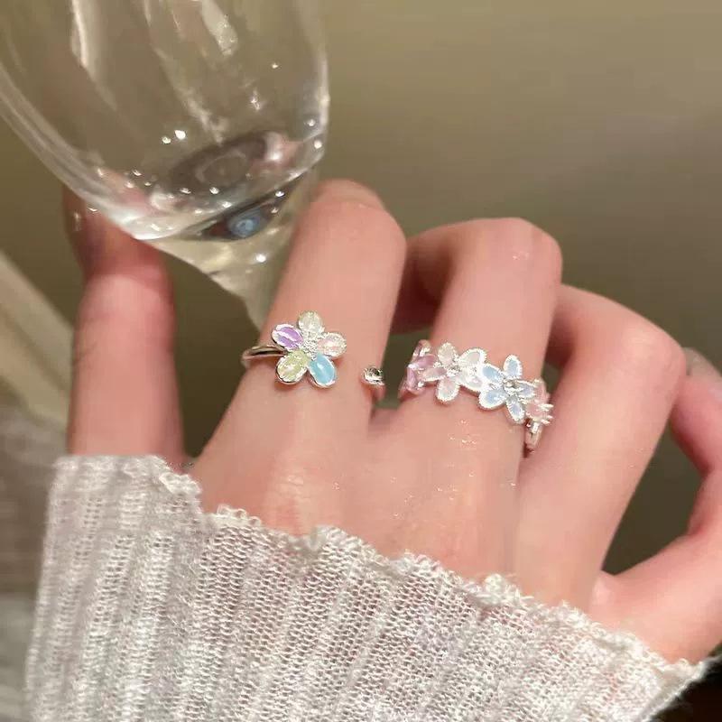 New Fresh Hollowed Out Enamel Opening Colorful Flower Ring with Niche Design, Sweet and Simple Temperament, Handmade Accessory