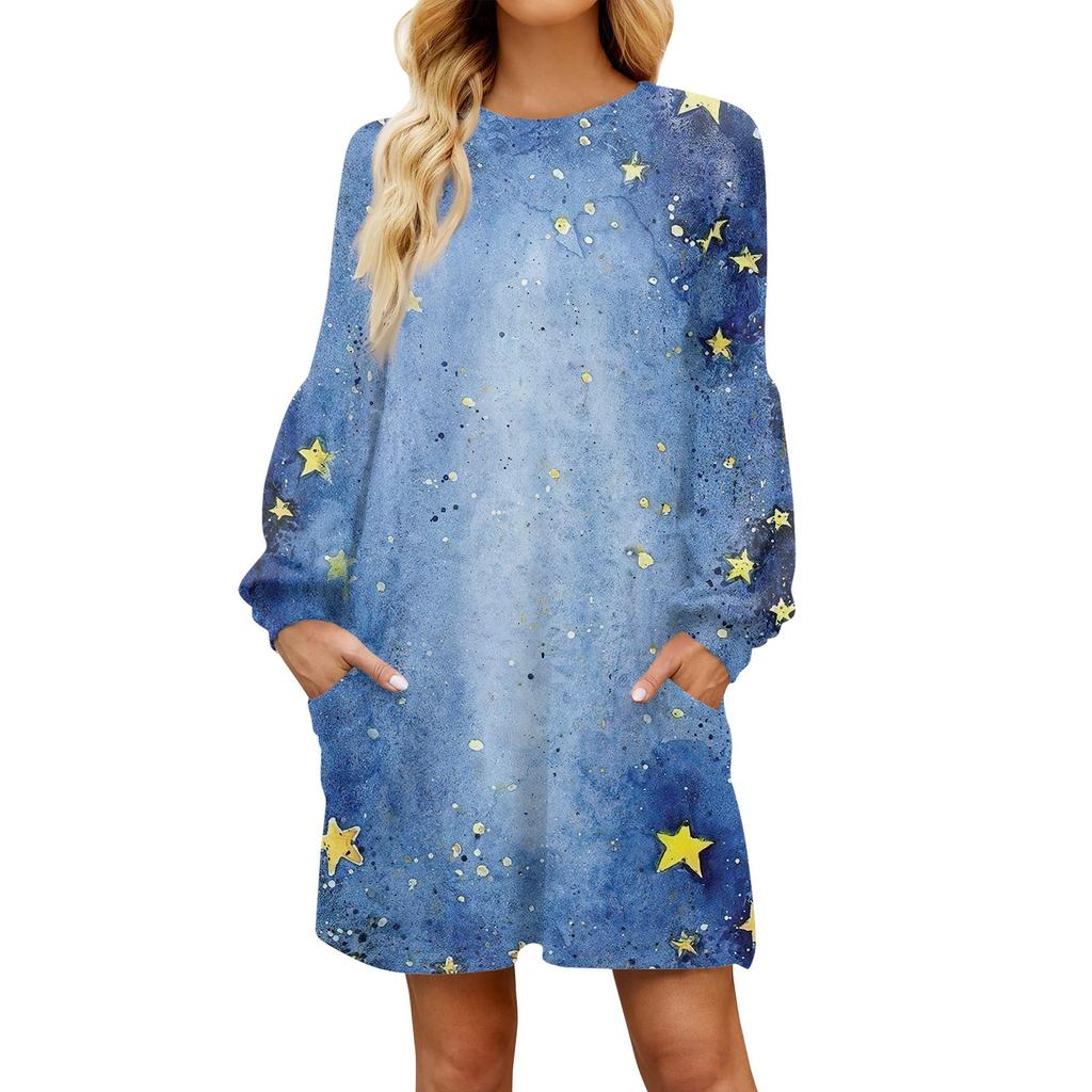 Fashionable Ladies Star Print Autumn Long Sleeve Casual Loose Dress