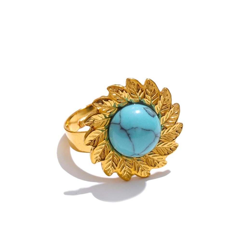 

Yhpup Arrivals Blue Turquoise Flower Sun Adjustable Ring for Women 18K Golden Plated Stainless Steel Fashion Finger Jewelry resizable