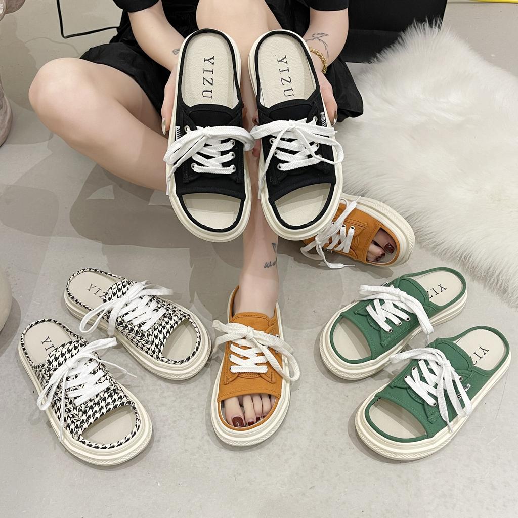 New Fashion Women's Sandals with Soft Bottom Lace-up Plaid Casual Women's Slippers