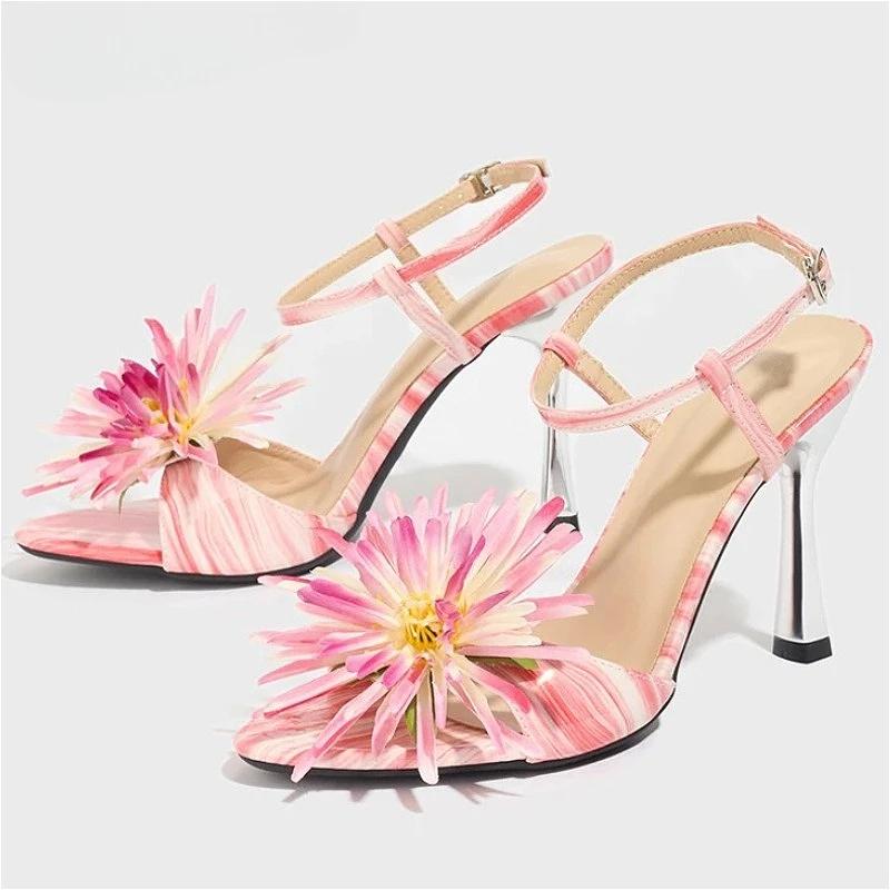 Fashion Pink Flower Embellished Heeled Sandals Women Fashion Ankle Strap Buckle Brand Designer Shoe Elegant Pointed Toe Party Dress Shoe