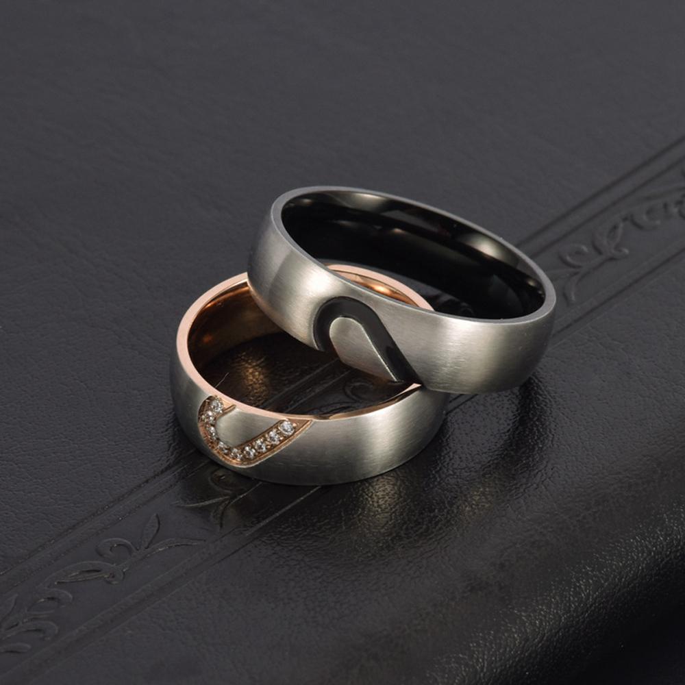 Heart-shaped Couple Rings with Cubic Zirconia Brushed Titanium Steel Matching Love Jewelry Wedding Bands for Him and Her