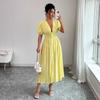 Spring Summer Elegant Midi Dress Deep V Neck Puff Short Sleeve Smocked High Waist Button Front A-Line Flowy Casual Daily Party Date Sundress