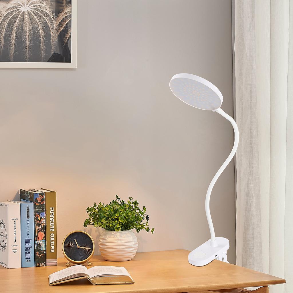 USB charging clip desk lamp bedside reading lamp with 3 color modes and adjustable brightness - White