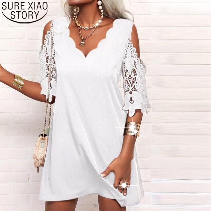 

Модное однотонное кружевное платье с вырезом для женщин, летнее мини-короткое платье с короткими рукавами и v-образным вырезом с высокой талией, свободные платья трапециевидной формы 21673